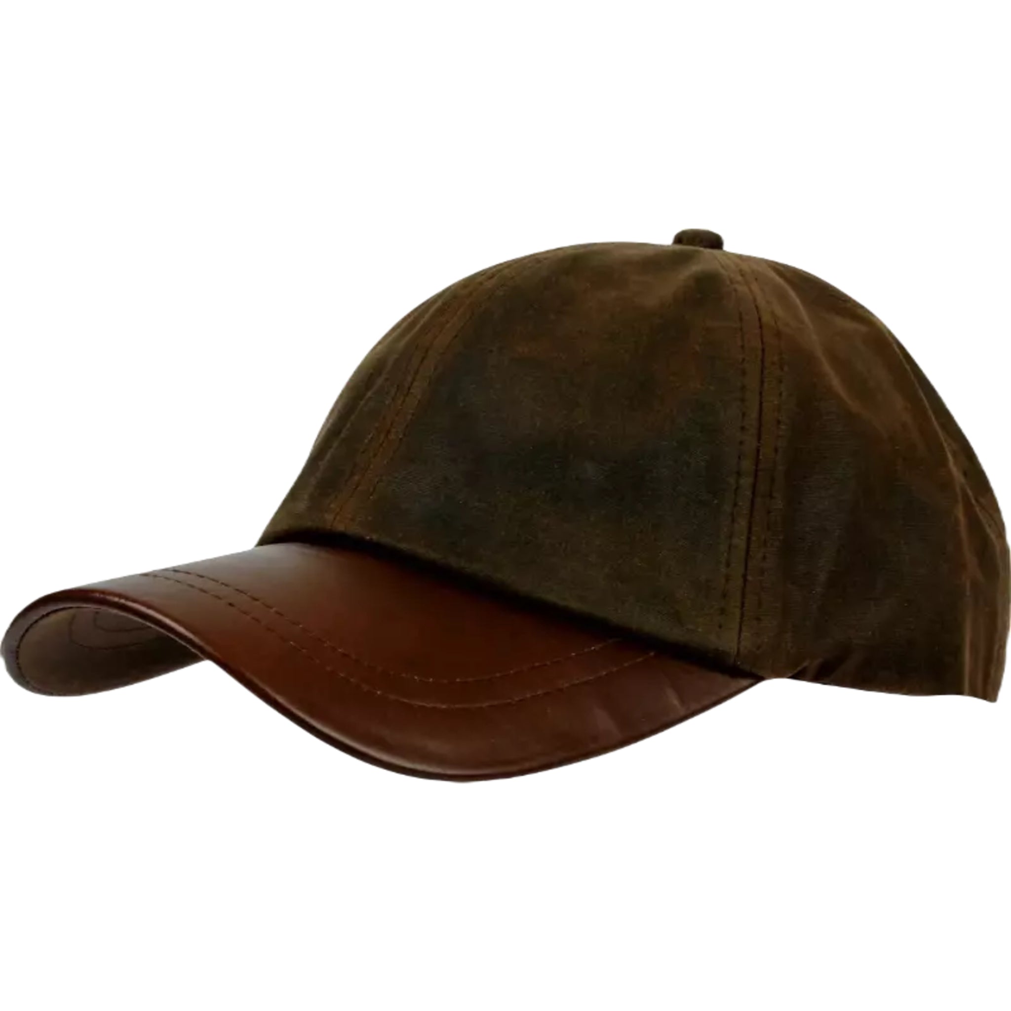 Men's wax baseball cap with brown leather peak, water-resistant outdoor hat in brown